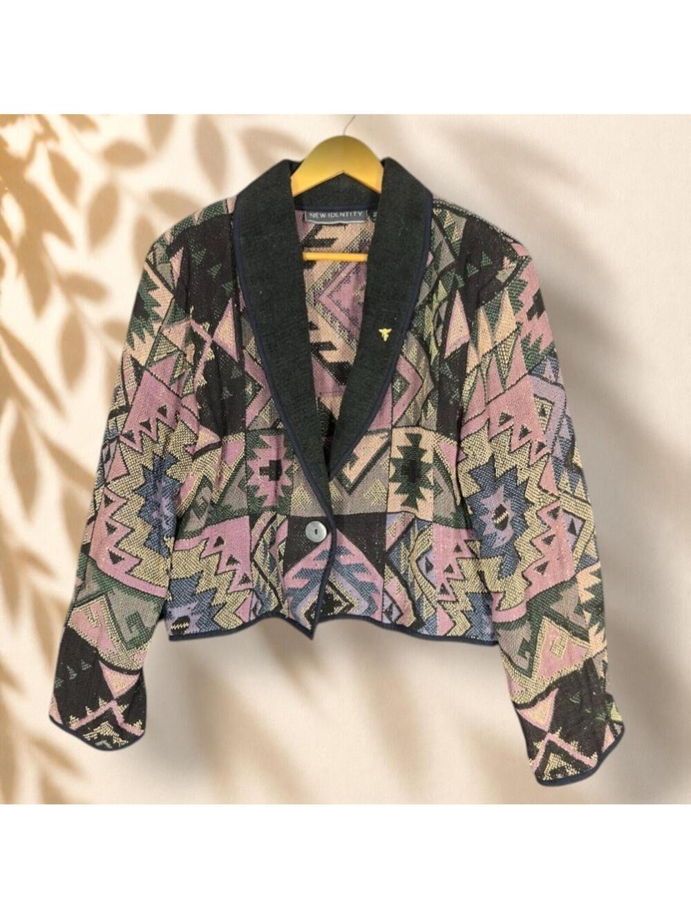 New Identity Blazer Women XL Black Geometric Single Button Collared Long Sleeve